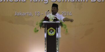 Prabowo Subianto menyampaikan pidato pada Rapimnas LDII 2014 di Balai Kartini Jakarta Rabu 1452014 Dalam sambutannya ia menegaskan Indonesia harus mandiri dan tidak bertekuk lutut pada bangsa lain Foto LINES