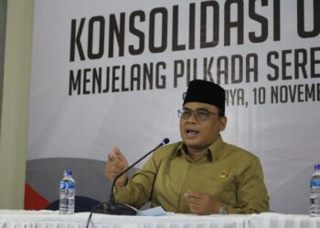 Ketua DPW LDII Jawa Timur, Amrodji Konawi, menyampaikan sikap netral aktif LDII dalam Konsolidasi Organisasi menjelang Pilkada Serentak 2020 di Surabaya. Foto: Dok. LINES Jatim