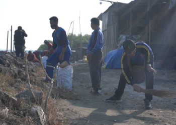 Tim Taruna Siaga Bencana (TAGANA) Surabaya juga turut andil dalam kegiatan kerja bakti di pesisir Pantai Kenjeran, Minggu (6/8). Dok: LINES.