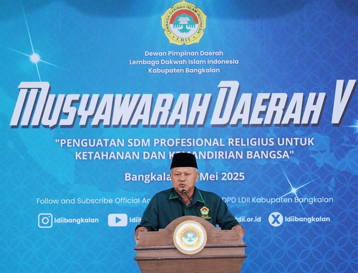 Ketua DPD LDII Bangkalan periode 2025-2030 Sunaryo Abdullah menyuarakan anggota yang terpilih agar terus bekerjasama menguatkan pondasi organisasi. Dok: LINES.
