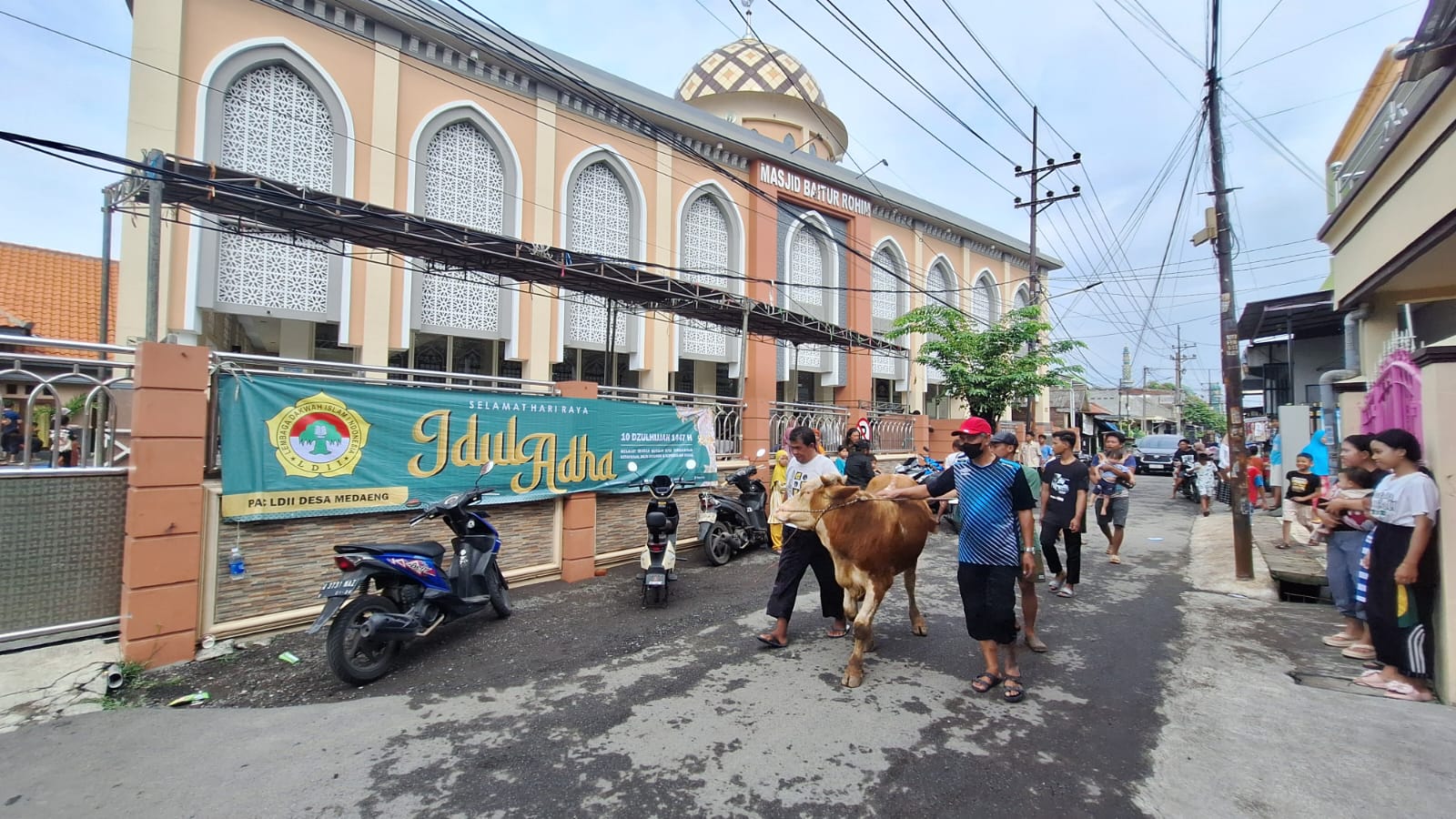 iduladhaldiimedaengsidoarjo2026 | LDII JAWA TIMUR Warga LDII Medaeng menggiring sapi kurban melewati Masjid Baiturrohim