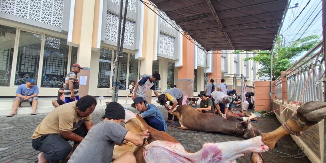 Warga LDII Medaeng menyembelih hewan kurban di halaman Masjid Baiturrohim Sidoarjo Rabu 275 Foto LINES Sidoarjo