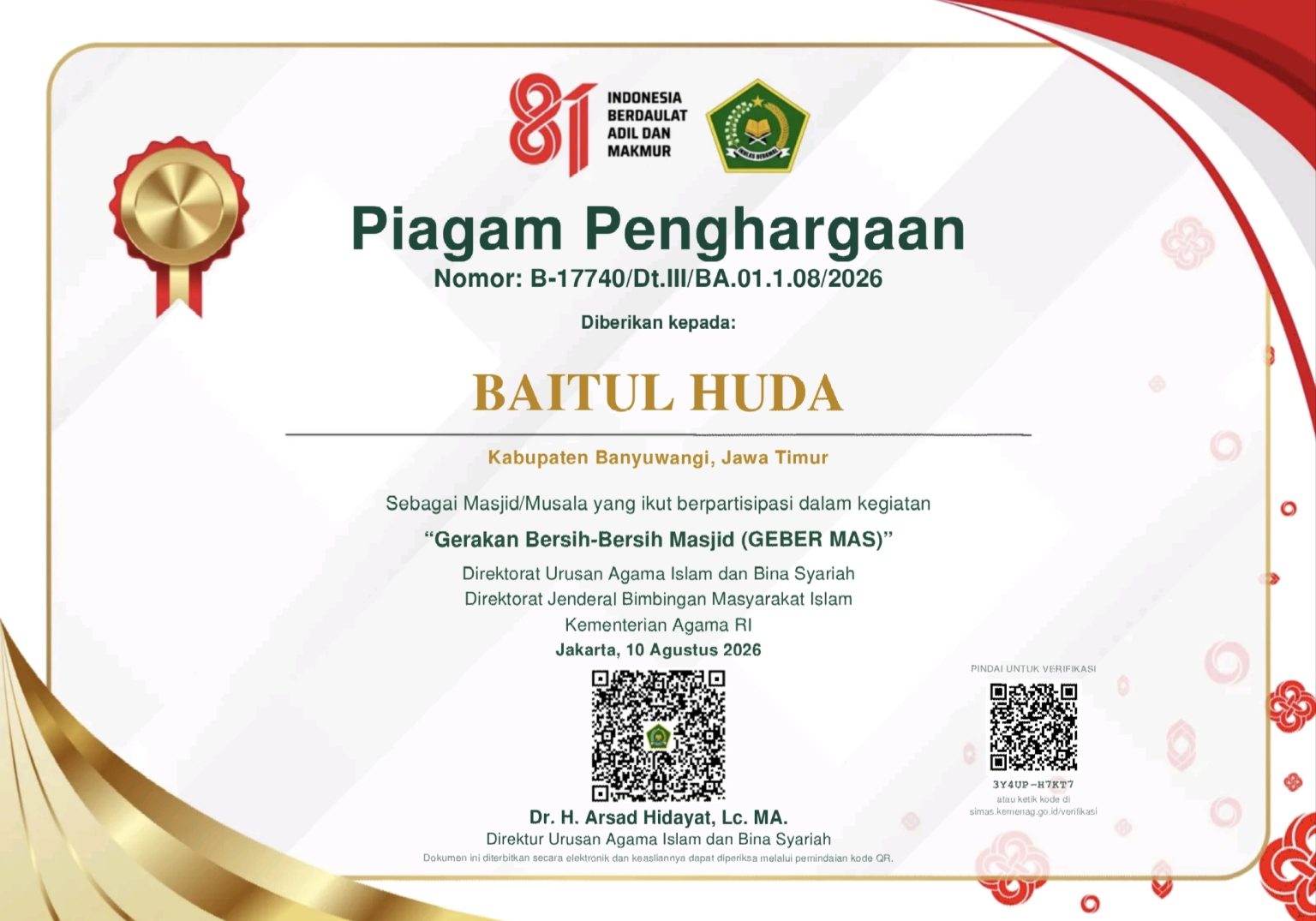 piagampenghargaangebermaskemenagmasjidldii | LDII JAWA TIMUR Piagam penghargaan GEBER MAS untuk Masjid Baitul Huda Banyuwangi
